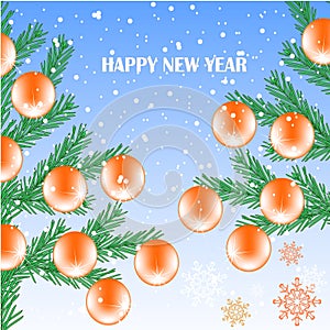 Christmas tree, red ball, snowflax, New Year on blue congratulation card for web, for print art design elements photo